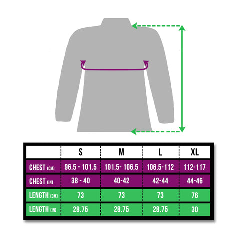 BTR High vis reflective cycling and running jacket sizing chart