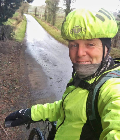 bright yellow cycling helmet cover from BTR - keep visible and DRY! 