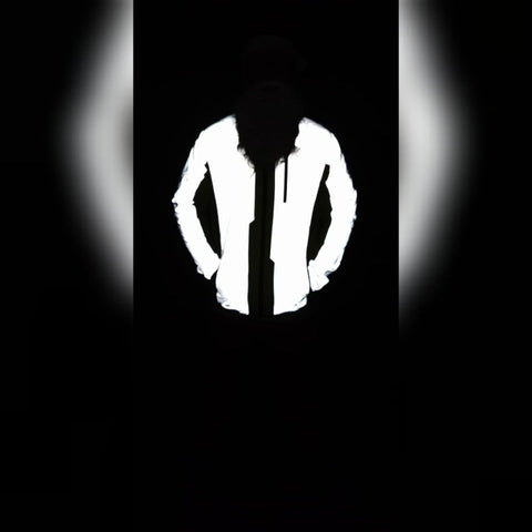 Be Totally Reflective jacket from BTR shown in the dark with flash - it is reflective 