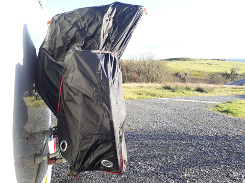 BTR Bike Cover on the back of a mobile home to safely keep your bike dry 