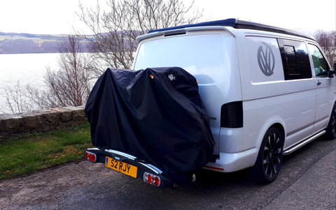 BTR Bike Cover on the back of a mobile home to safely keep your bike dry 