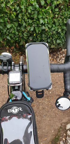 BTR bike phone holder mount on bicycle with Samsung Galaxy S10 attached