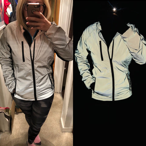 BTR Be Totally Reflective Silver Jacket  being worn - very reflective 