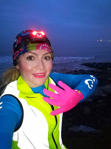 Claire our instagram ambassador wearing our gilet in high vis yellow and reflective from BTR