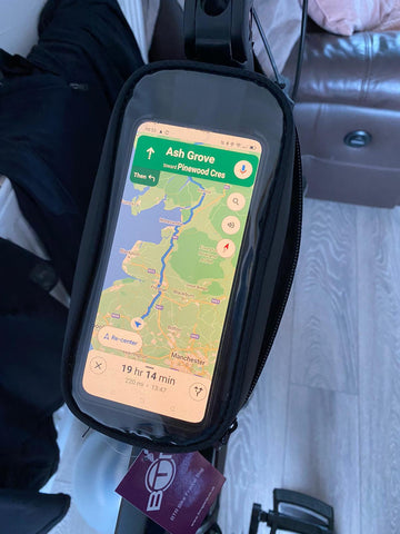 BTR Bike frame bag shown on bike with mobile phone in it