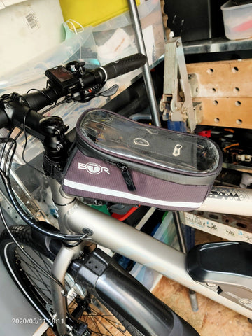 BTR deluxe bike phone bag holder on bike in garage