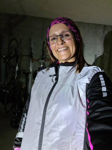 Renata looking great in our BTR Totally Reflective gilet in the day time