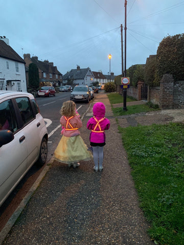 School disco! Party time - young ladies wearing the BTR high vis and reflective kids sash